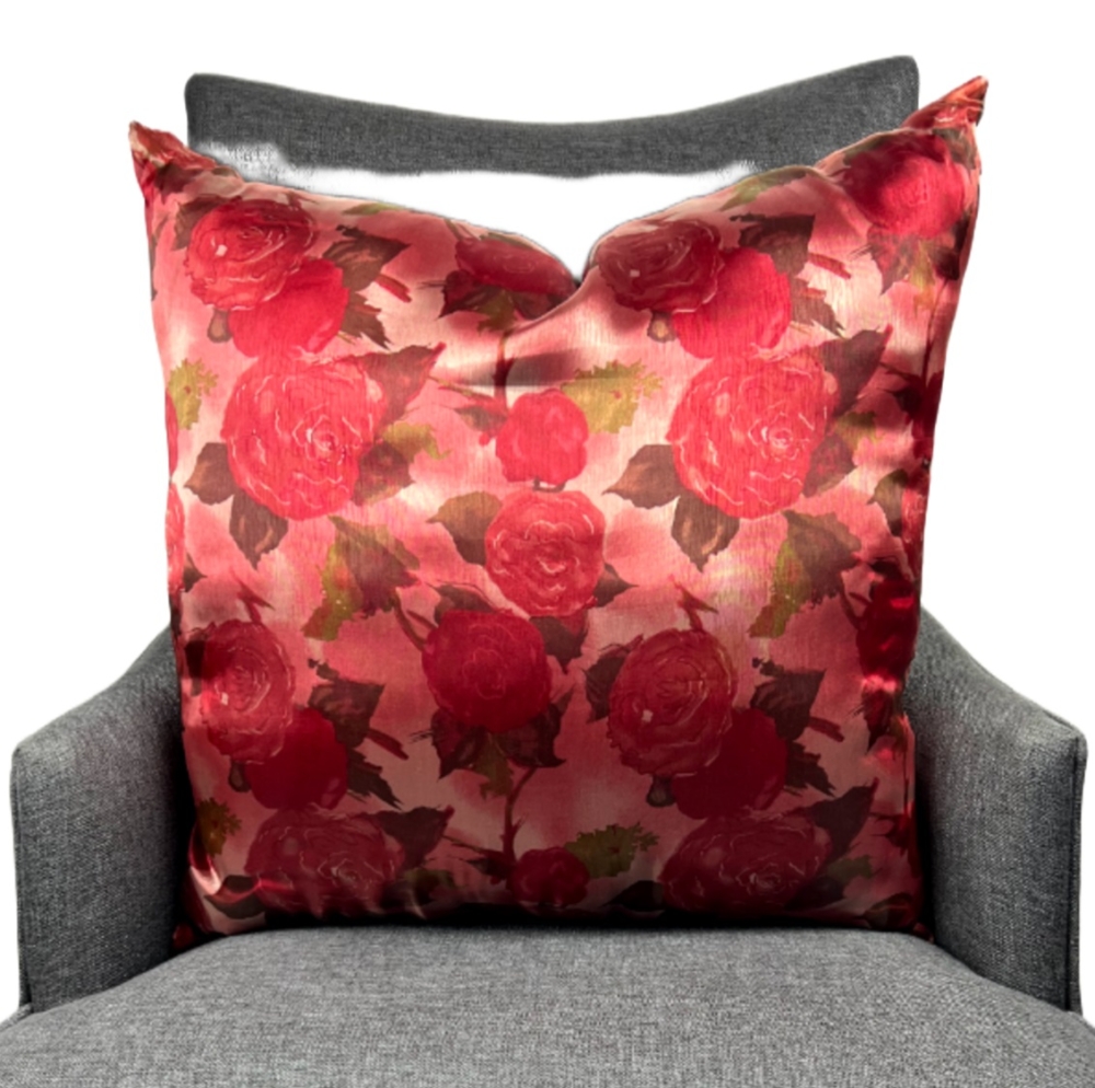 Elegant red Organza and pink pillow with rose floral design