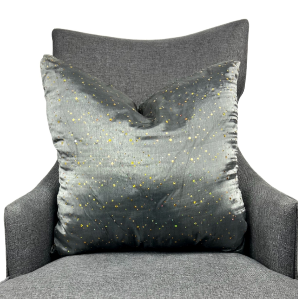 Elegant Gray Organza decorative pillow with gold accent dots