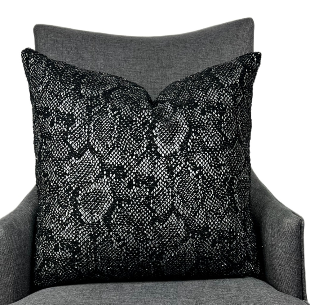 Decorative pillows with phenomenal black and silver snake design finished with scattered black sequins