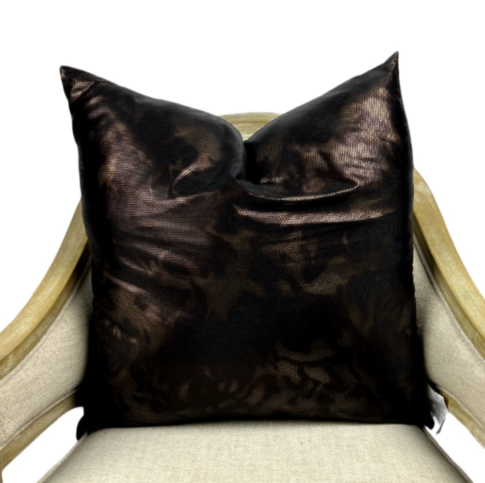 Chic shiny bronze decorative pillows with bronze reflective circle patterned fabric