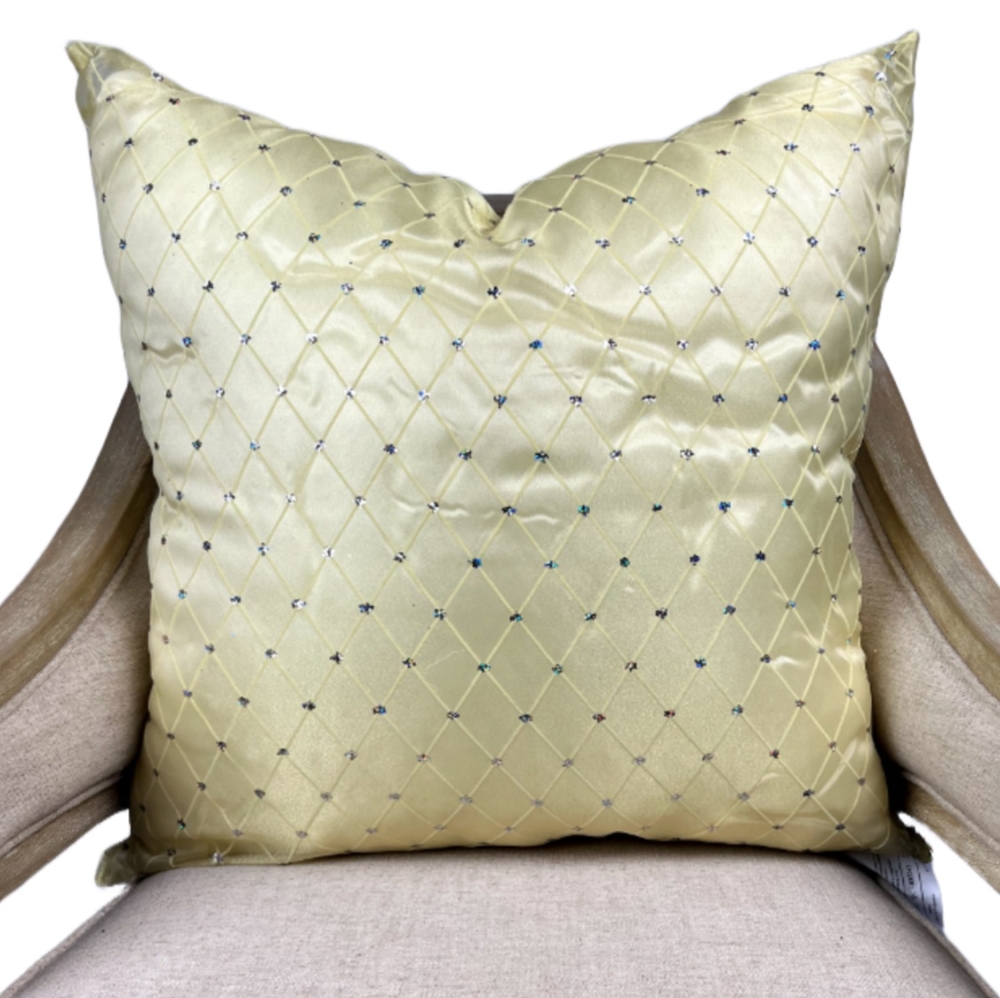 Light yellow beige organza throw Pillow with silver accent sparkles